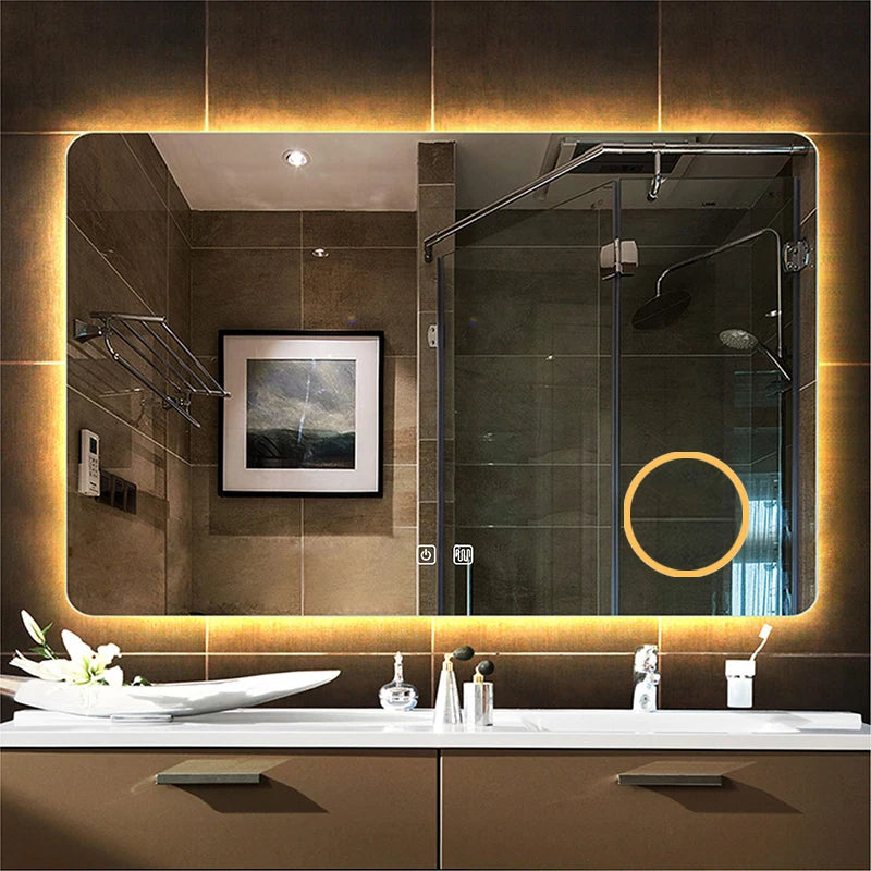 Rectangle Bathroom Smart Mirror with Three Color LED Light Anti-Fog Makeup Mirror Backlight 5X Magnify Dimming Vanity Mirrors