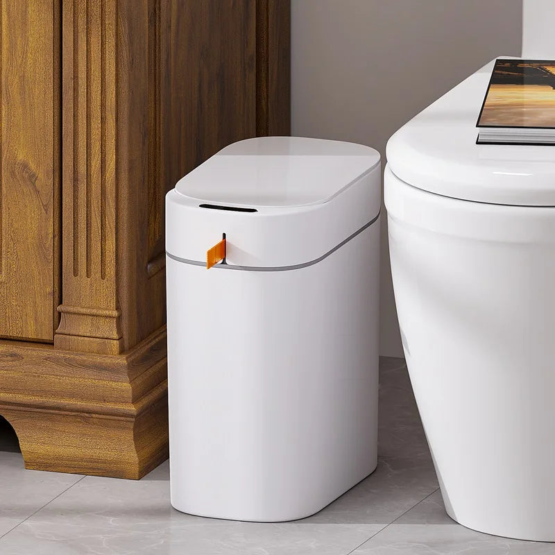 14L Smart Bathroom Trash Can Automatic Bagging Electronic Trash Can White Touchless Narrow Smart Sensor Garbage Bin Smart Home