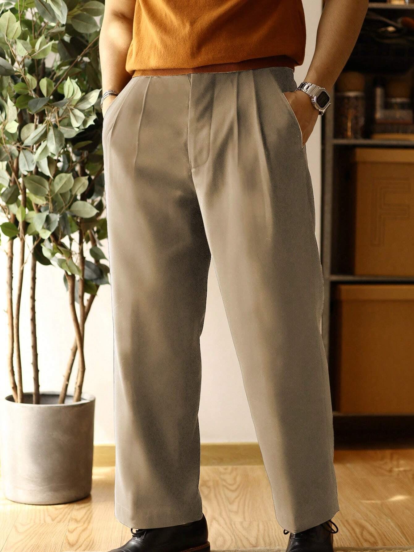 Men'S Solid Color Pleated Dress Pants