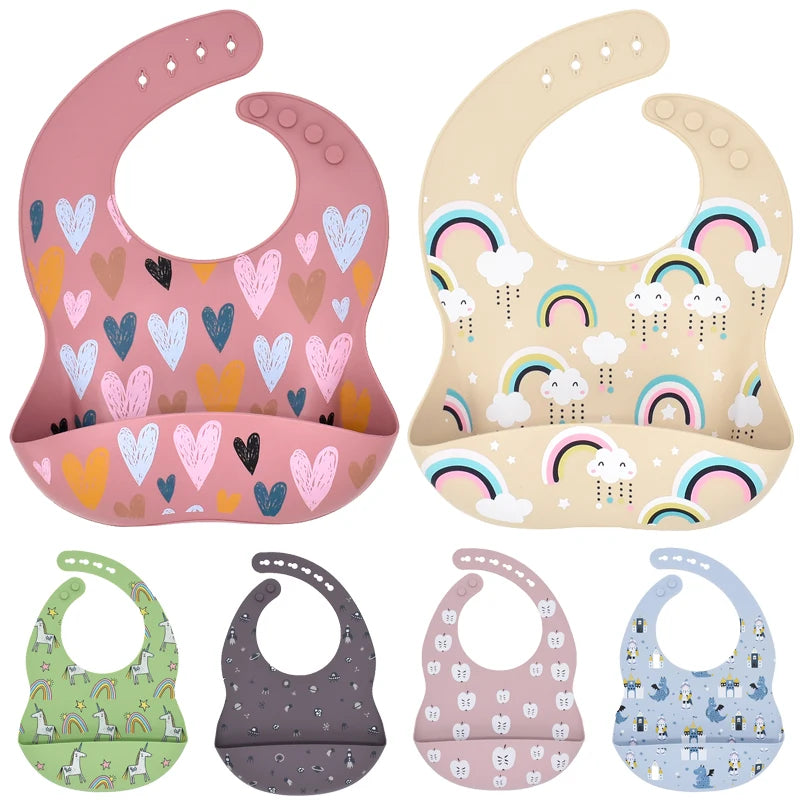 Baby Silicone Bib Rainbow Heart Print Waterproof Baby Feeding Newborn Saliva Towel Toddler Aprons Adjustable Burp Cloth Dorpship