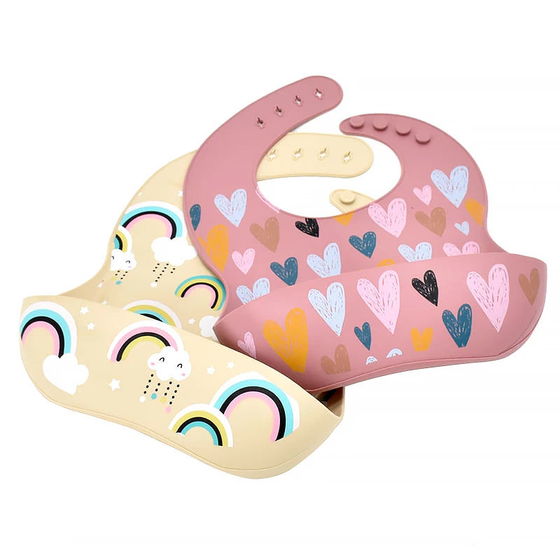 Baby Silicone Bib Rainbow Heart Print Waterproof Baby Feeding Newborn Saliva Towel Toddler Aprons Adjustable Burp Cloth Dorpship