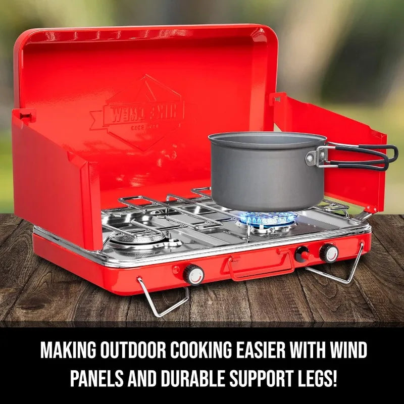 Hike Crew Gas Camping Stove | 20,000 BTU Portable Propane 2 Burner Stovetop | Integrated Igniter & Stainless Steel Drip Tray