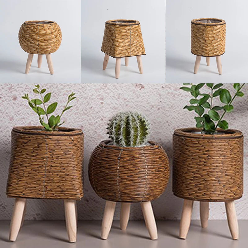 Nordic Flower Shelf Imitation Rattan Flower Pot Woven Flower Basket with Removable Legs Plant Stand Basket Garden Home Decor