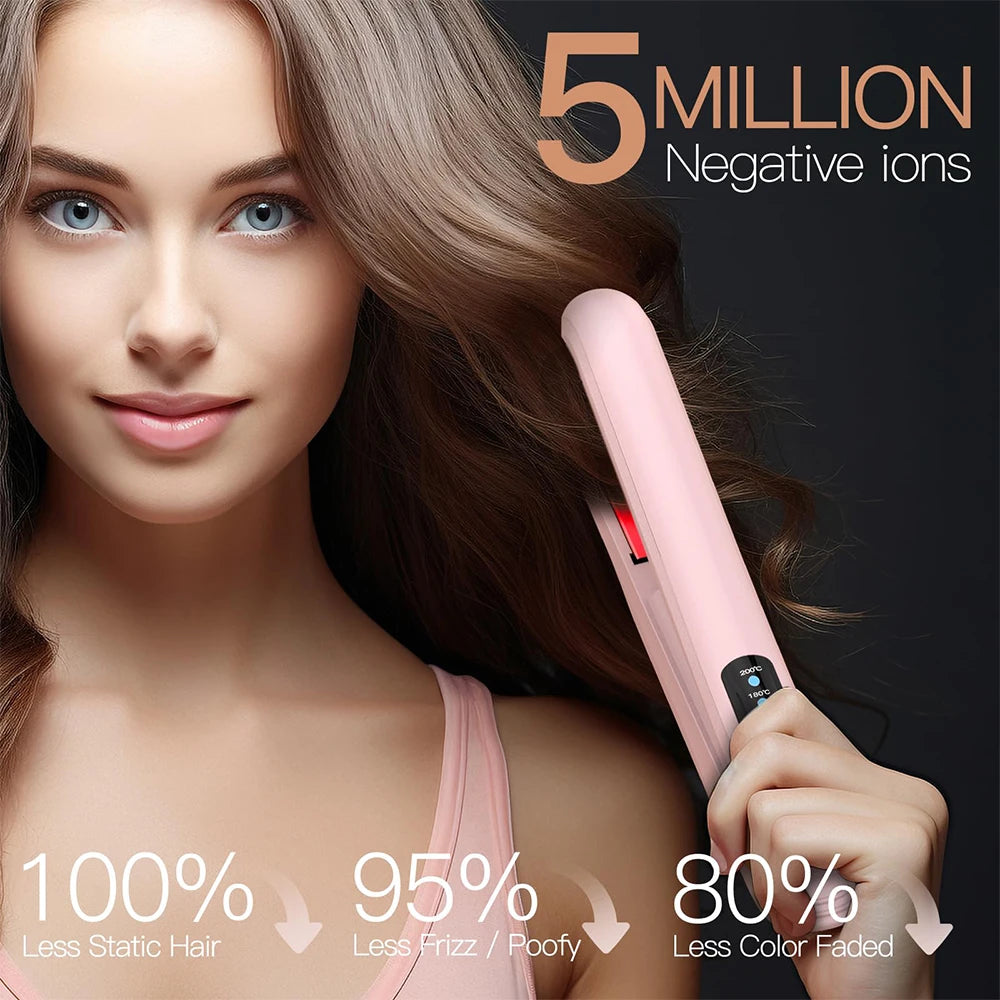 Wireless Hair Straightener 2 in 1 Portable Flat Iron Hair Curler USB Rechargeable Fast Heating Hair Straightener for Travel