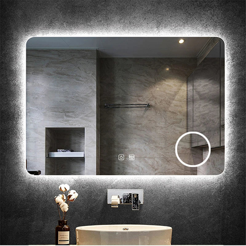 Rectangle Bathroom Smart Mirror with Three Color LED Light Anti-Fog Makeup Mirror Backlight 5X Magnify Dimming Vanity Mirrors