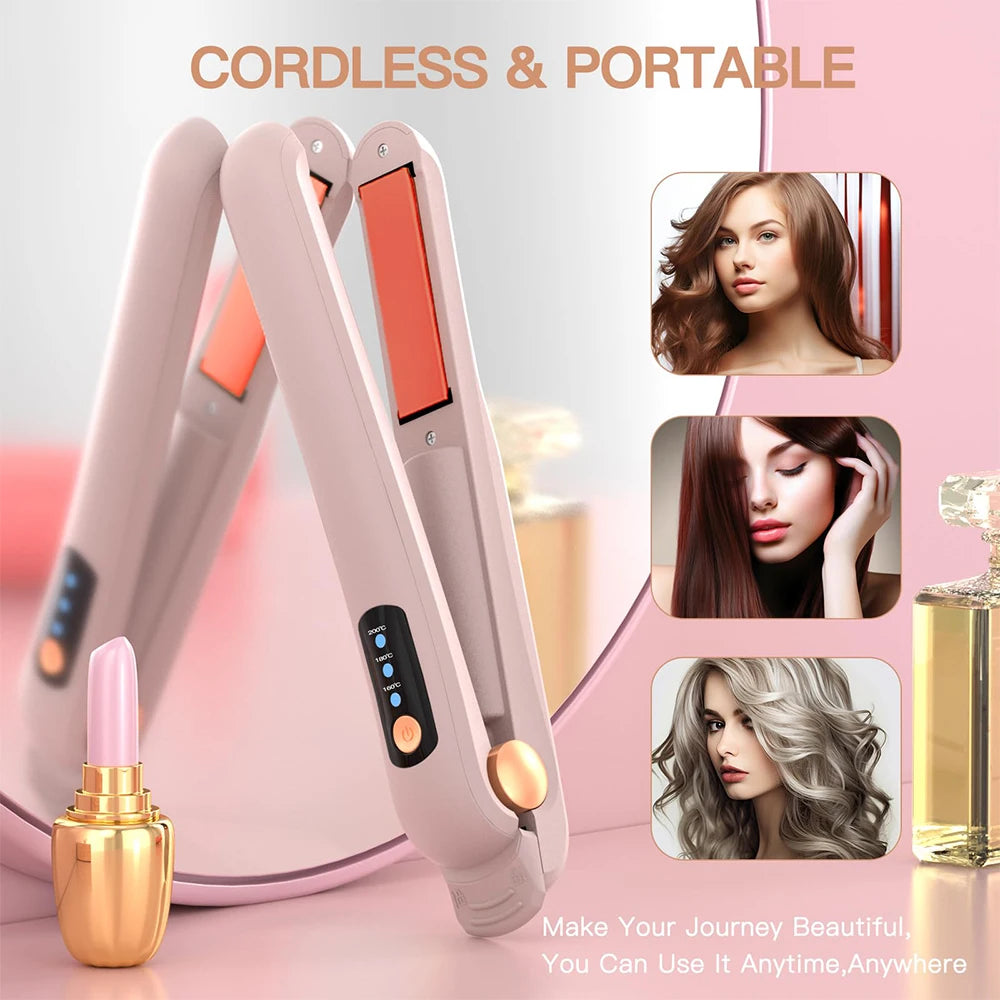 Wireless Hair Straightener 2 in 1 Portable Flat Iron Hair Curler USB Rechargeable Fast Heating Hair Straightener for Travel