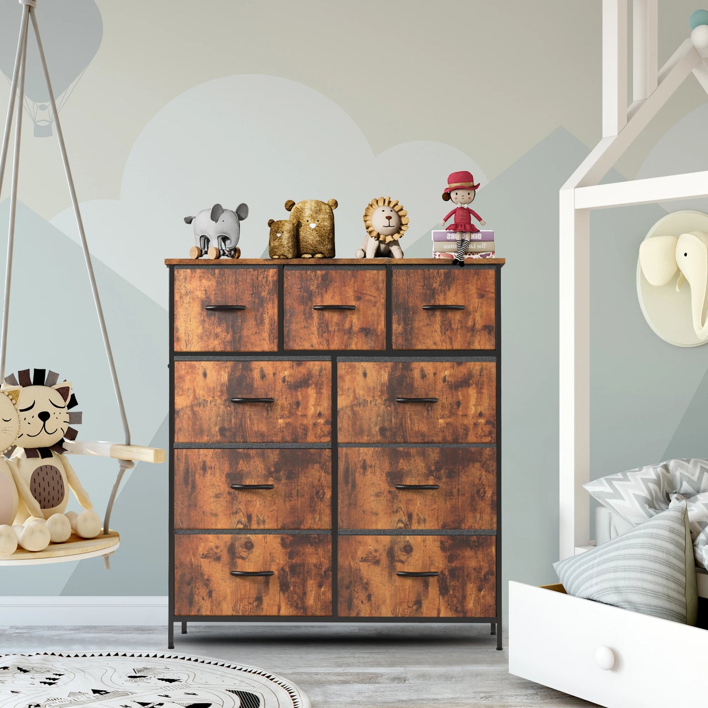 Dresser for Bedroom with 9 Fabric Storage Drawer Wardrobe Tall Chest Organizer Closet Adult Kids Clothes Wood Cabinet Furniture