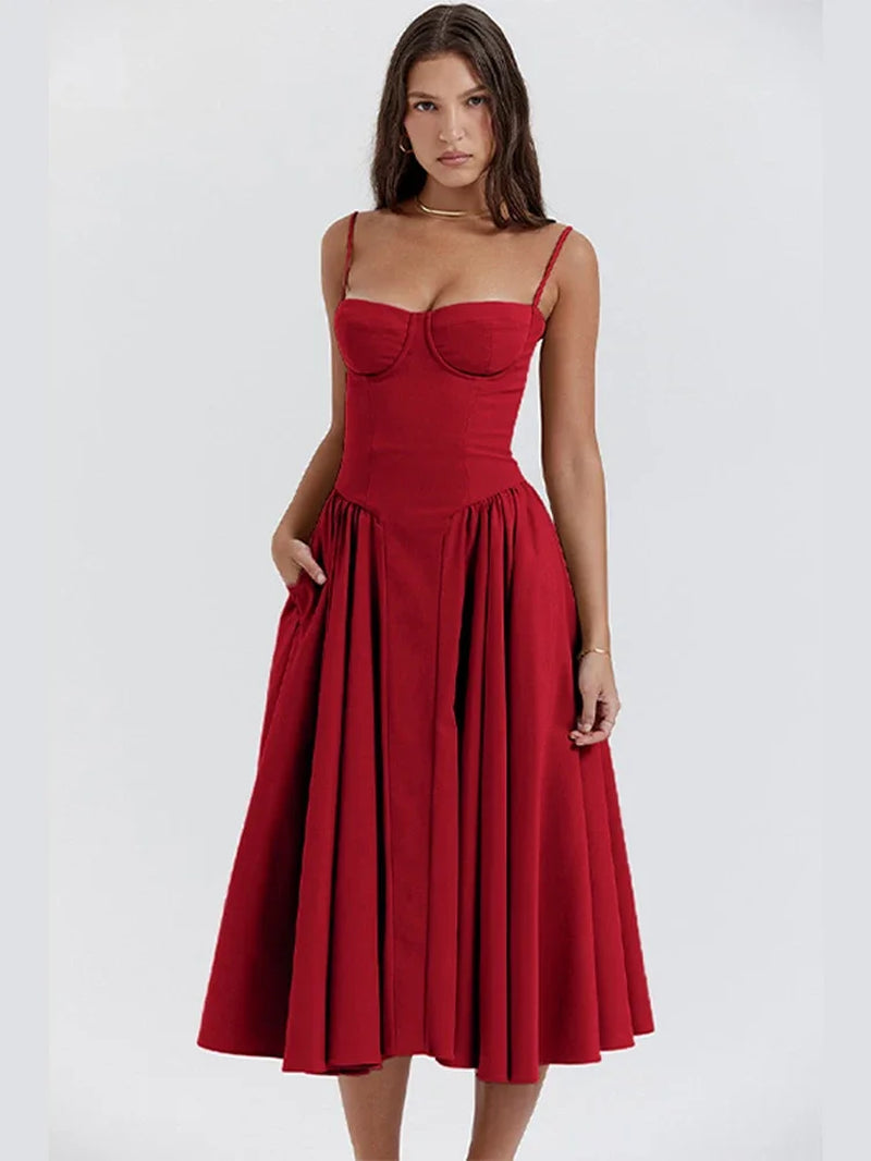 Summer Women Elegant Sleeveless Backless Pleated Dresses Lady Sexy Solid Sling Midi Dress 2024 Female Party Evening A-Line Robes