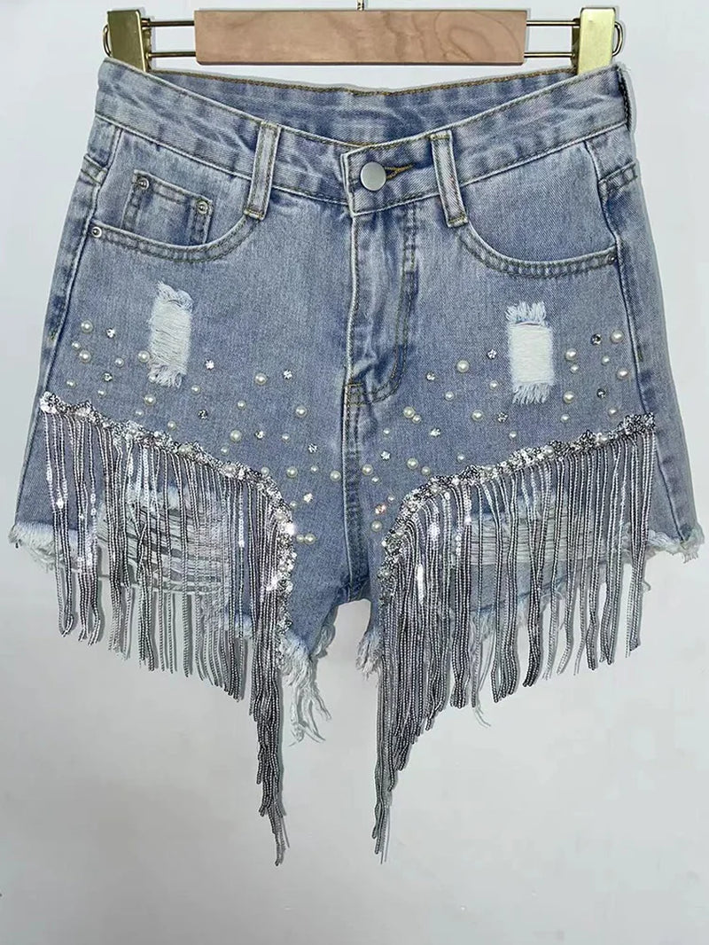 Summer Elegant Shorts Lady Tassel Beading High Waist Wide Leg Denim Shorts Female Casual Solid Shorts Jeans for Women Clothing