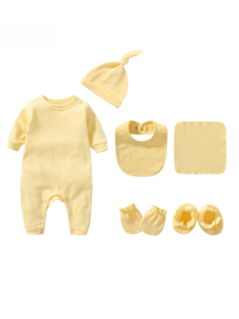 Infant Outfit Multipiece Set Bib Cap Footcuff Gloves Kerchief Suits Solid Color Bodysuit 0-12M Newborn Baby Boys Girls Products