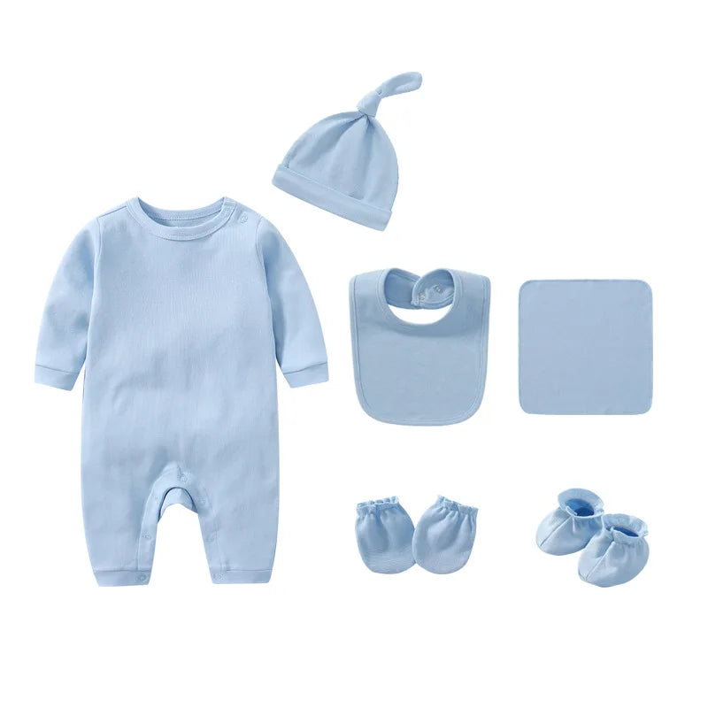 Infant Outfit Multipiece Set Bib Cap Footcuff Gloves Kerchief Suits Solid Color Bodysuit 0-12M Newborn Baby Boys Girls Products