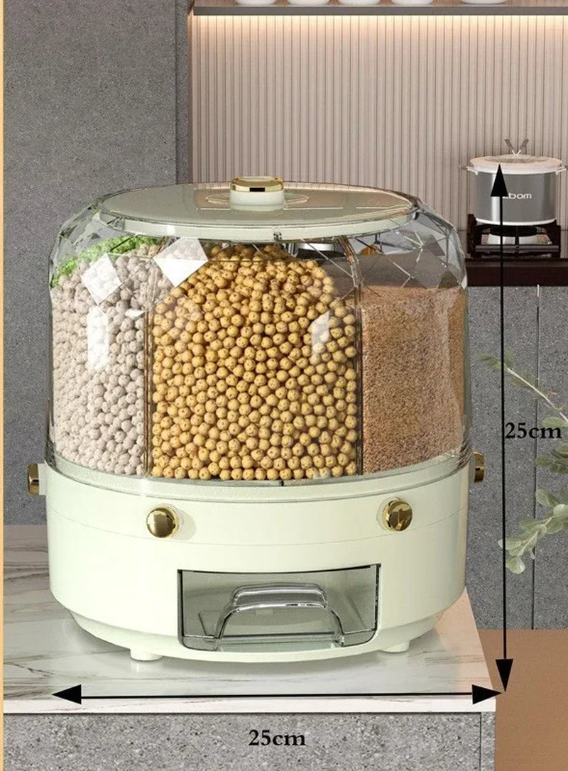 360 Degree Rotating Rice Dispenser Sealed Dry Cereal Grain Bucket Dispenser Moisture-Proof Kitchen Food Container Storage Box