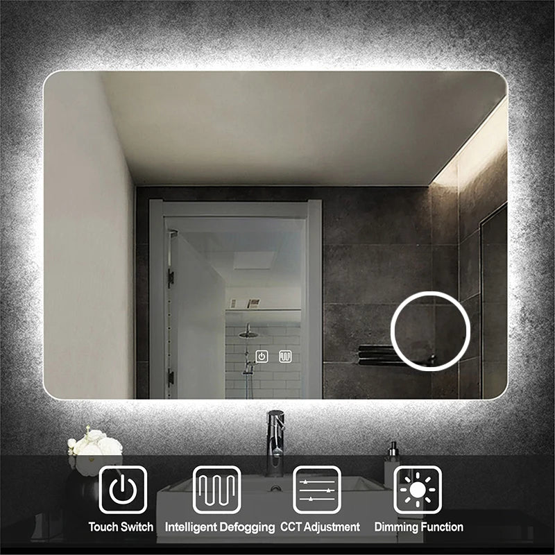 Rectangle Bathroom Smart Mirror with Three Color LED Light Anti-Fog Makeup Mirror Backlight 5X Magnify Dimming Vanity Mirrors