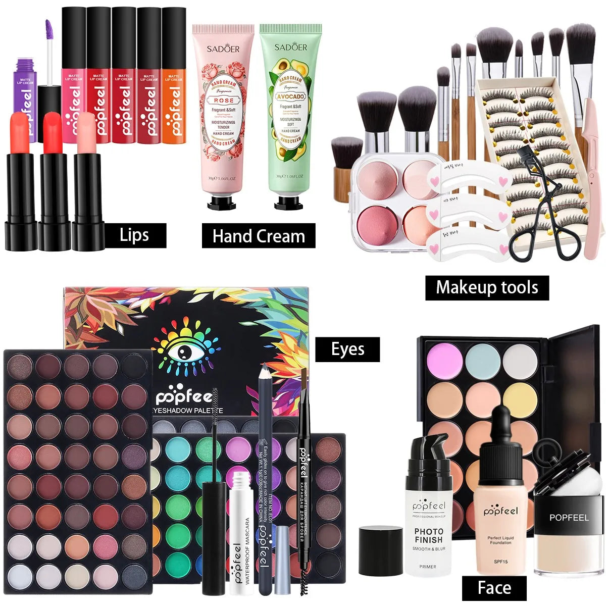 Makeup Box Set, Cosmetic Gift Box Eyeshadow Eyeliner Eyebrow Pen Lipstick Lip Gloss Primer Foundation Loose Powder Brushes Puff