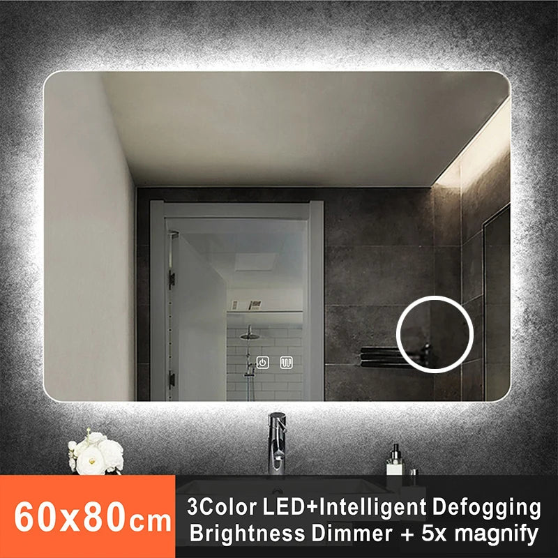 Rectangle Bathroom Smart Mirror with Three Color LED Light Anti-Fog Makeup Mirror Backlight 5X Magnify Dimming Vanity Mirrors