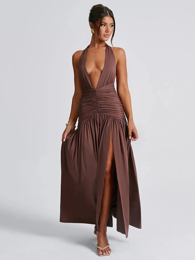 Halter Deep V Neck Backless Maxi Dress for Women Fashion Solid Sleeveless Thigh High Split Sexy Long Dress Elegant