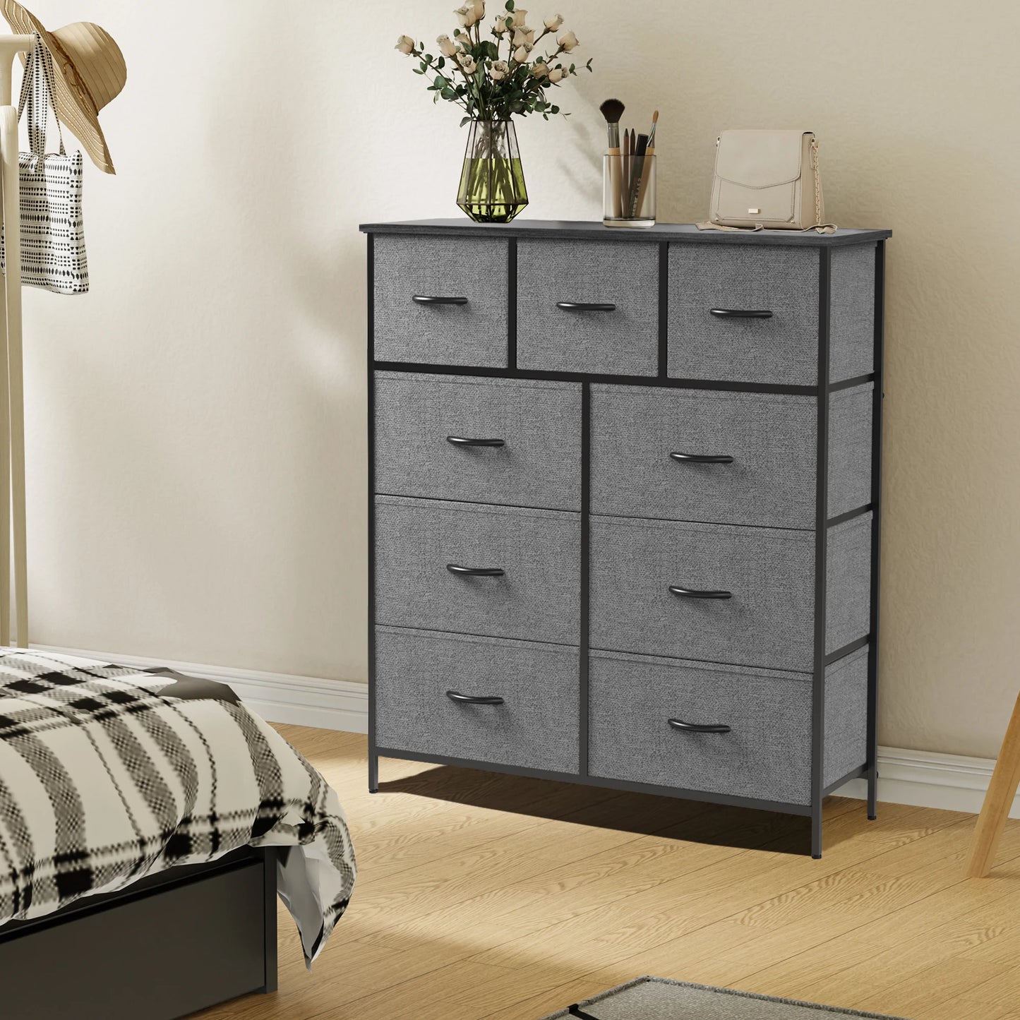 Dresser for Bedroom with 9 Fabric Storage Drawer Wardrobe Tall Chest Organizer Closet Adult Kids Clothes Wood Cabinet Furniture