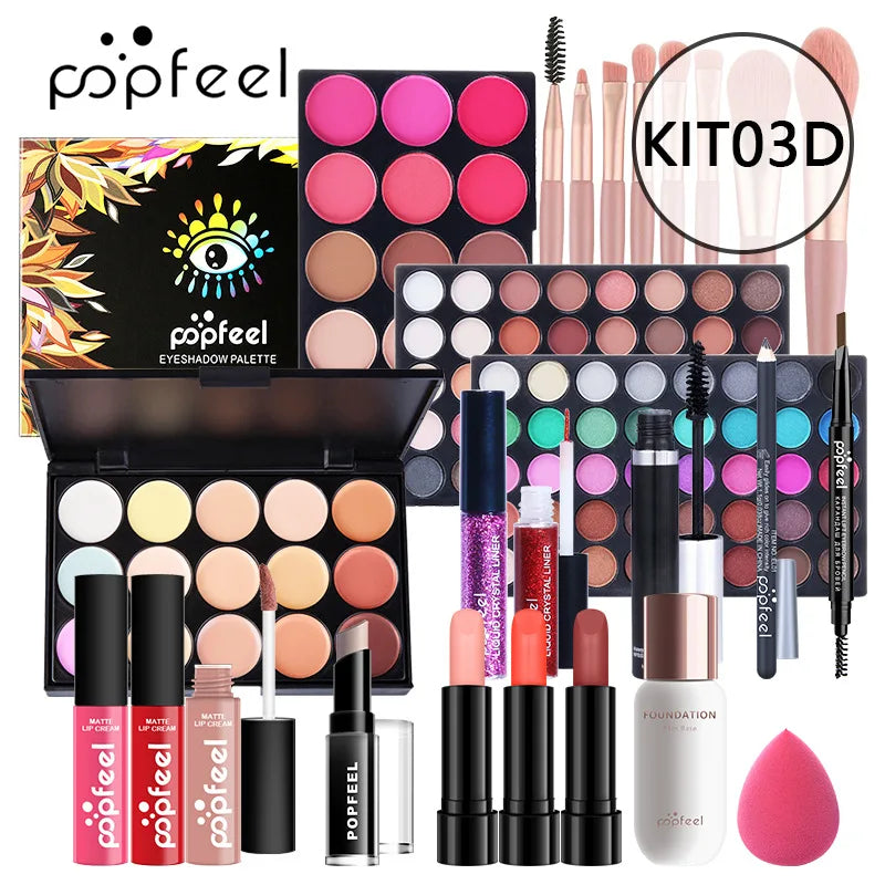 POPFEEL Makeup Full Kit Female Make up Set Eye Shadow Eyeshadow Palette Lip Gloss Mascara Eyeliner Brushes Bag Make-Up for Women