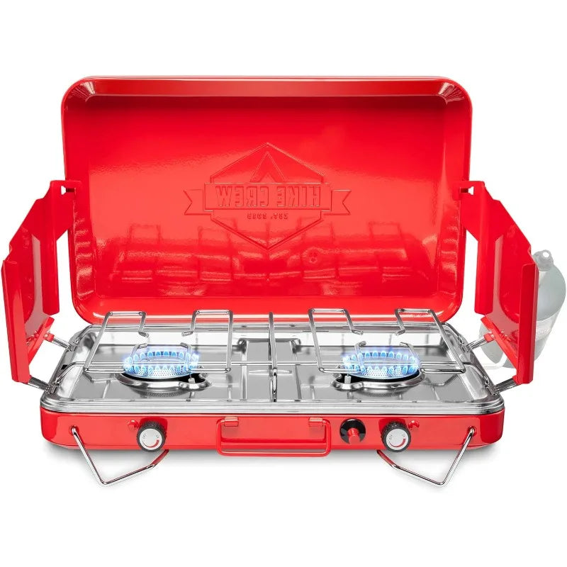 Hike Crew Gas Camping Stove | 20,000 BTU Portable Propane 2 Burner Stovetop | Integrated Igniter & Stainless Steel Drip Tray