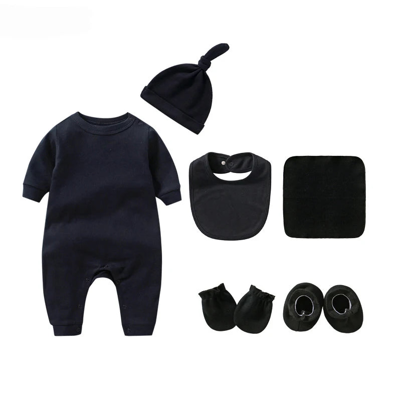 Infant Outfit Multipiece Set Bib Cap Footcuff Gloves Kerchief Suits Solid Color Bodysuit 0-12M Newborn Baby Boys Girls Products