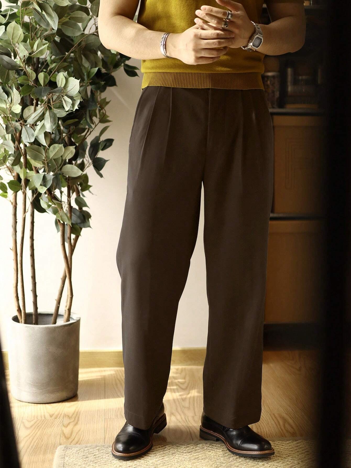 Men'S Solid Color Pleated Dress Pants