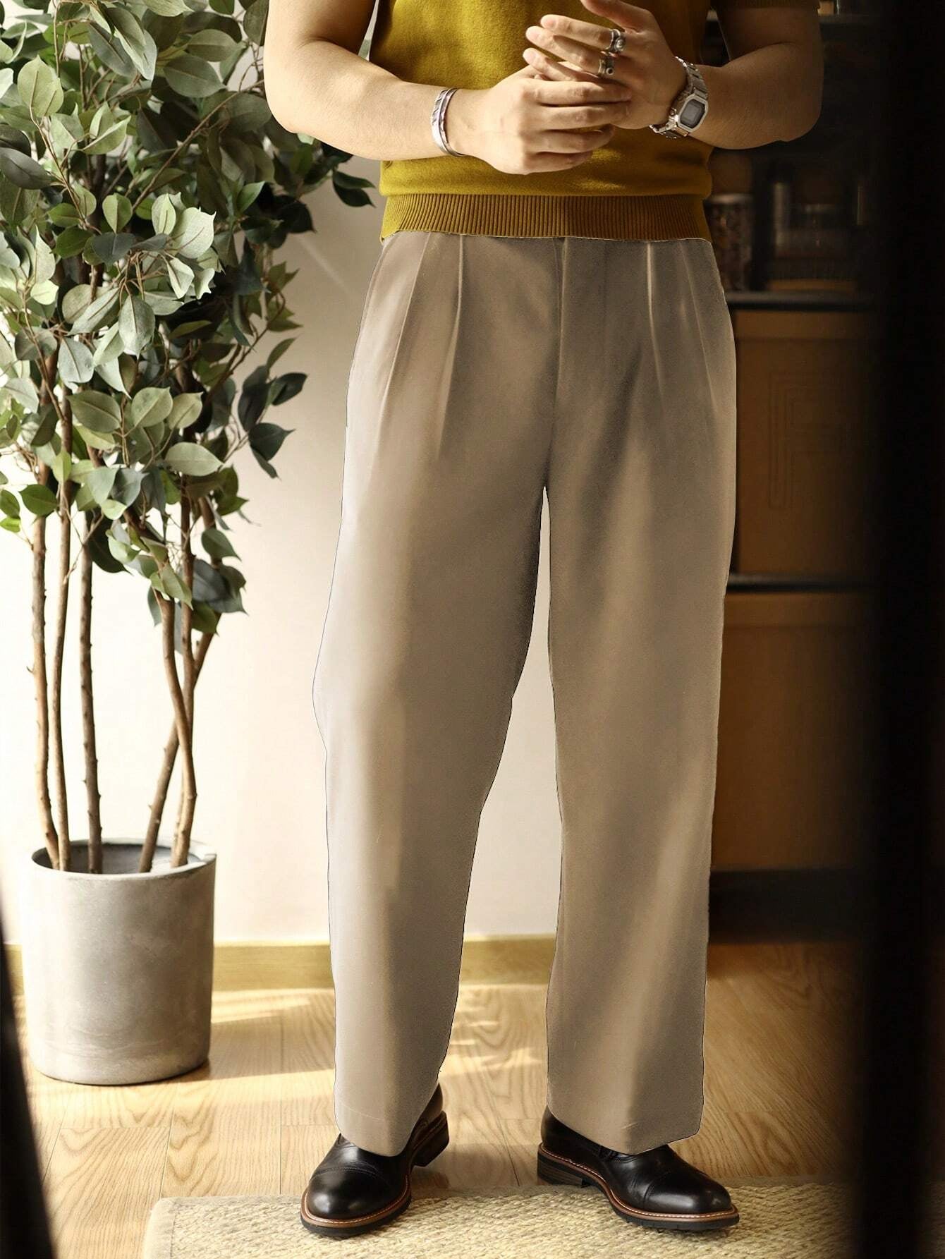 Men'S Solid Color Pleated Dress Pants