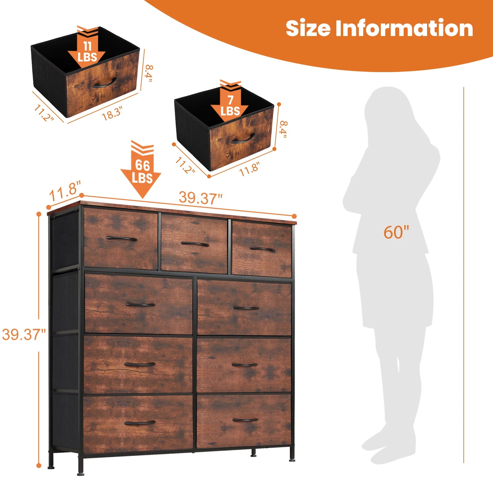 Dresser for Bedroom with 9 Fabric Storage Drawer Wardrobe Tall Chest Organizer Closet Adult Kids Clothes Wood Cabinet Furniture