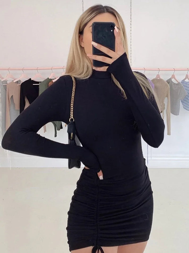 Long Sleeve Ruched Bodycon Dress Women Turtleneck Bandage Mini Dresses Autumn Black Skinny Stretchy Party Vestidos