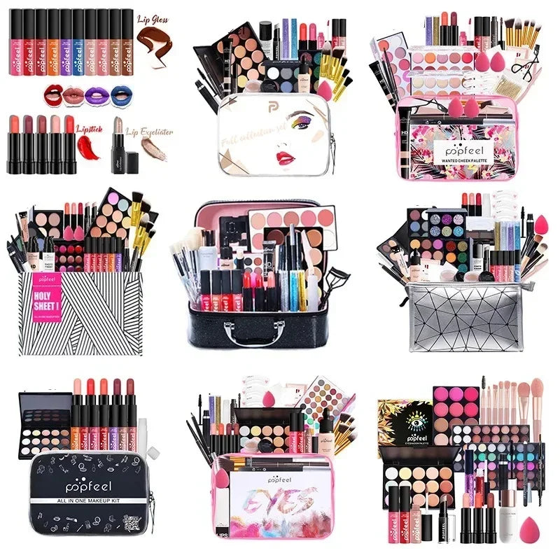 POPFEEL Makeup Full Kit Female Make up Set Eye Shadow Eyeshadow Palette Lip Gloss Mascara Eyeliner Brushes Bag Make-Up for Women