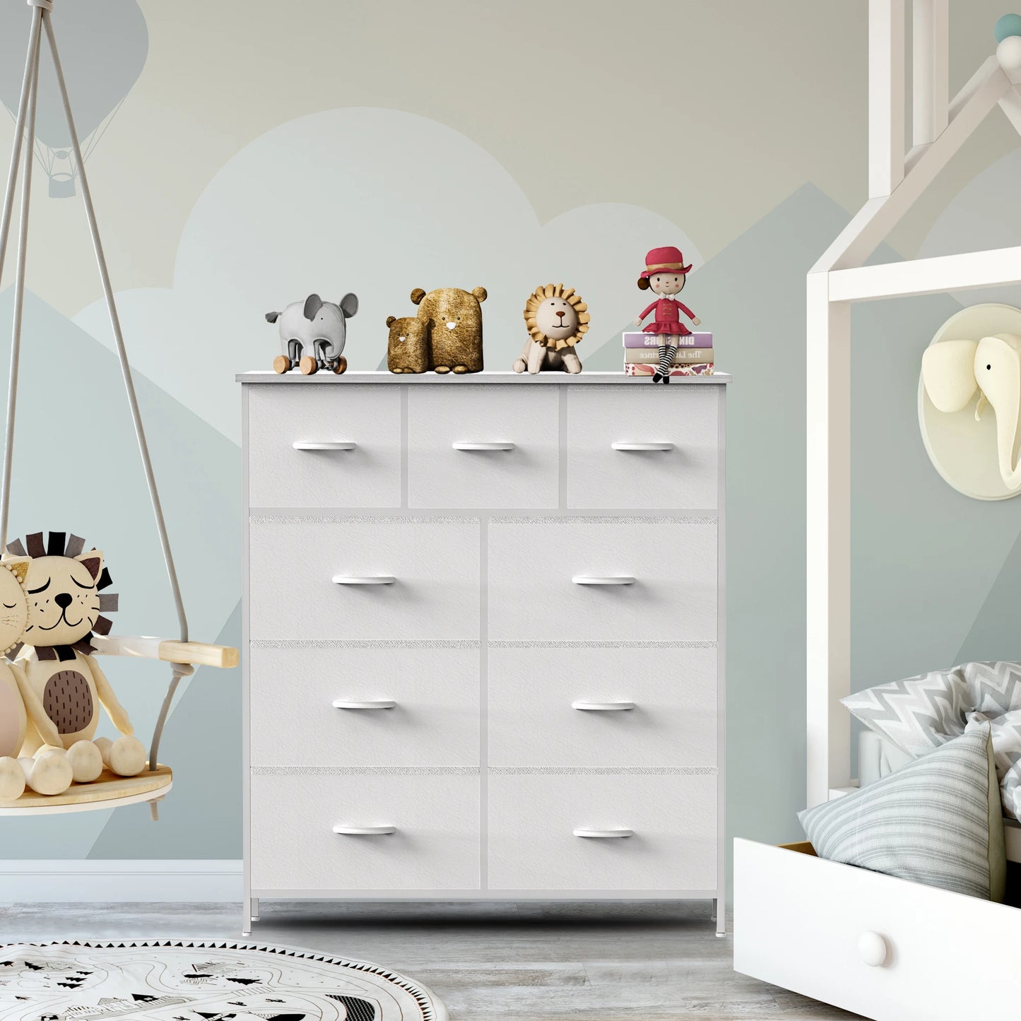 Dresser for Bedroom with 9 Fabric Storage Drawer Wardrobe Tall Chest Organizer Closet Adult Kids Clothes Wood Cabinet Furniture