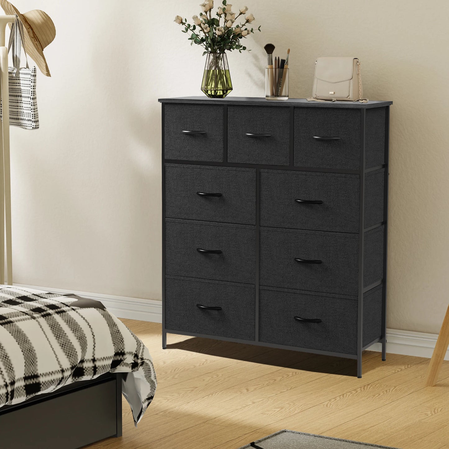 Dresser for Bedroom with 9 Fabric Storage Drawer Wardrobe Tall Chest Organizer Closet Adult Kids Clothes Wood Cabinet Furniture