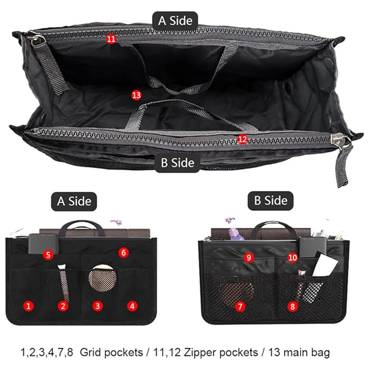 Handbag Organizer Insert for Women with 13 Pockets Large Capacity Lining Zipper Handle Portable Women'S Purse Bag Travel Documents Cards Small Items