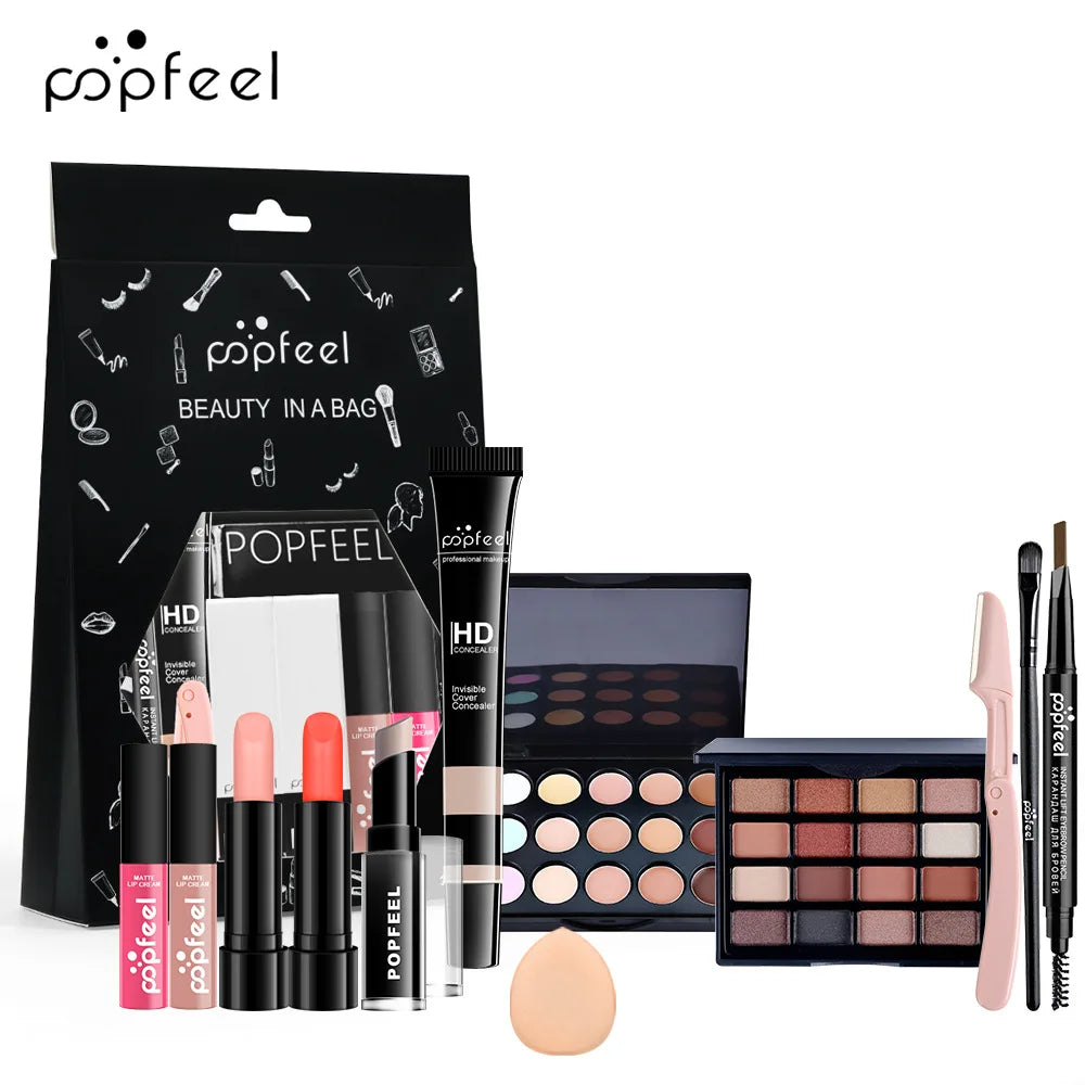 POPFEEL Makeup Full Kit Female Make up Set Eye Shadow Eyeshadow Palette Lip Gloss Mascara Eyeliner Brushes Bag Make-Up for Women