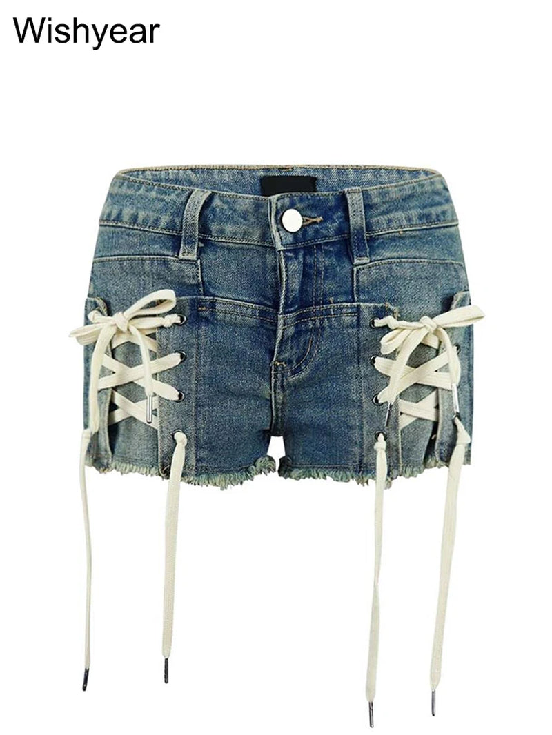 Fashion Lace-Up Bandage Blue Stretch Denim Shorts for Women Summer Casual Skinny Short Jeans Sexy Beach Night Club Outfits